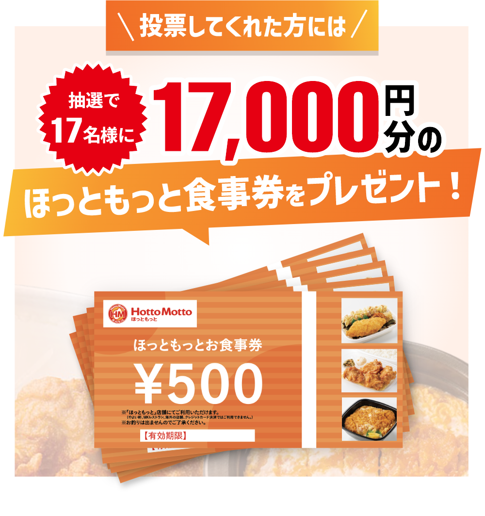 投票してくれた方には【抽選で17名様に】17,000円分のほっともっと食事券をプレゼント！奮ってご参加ください。